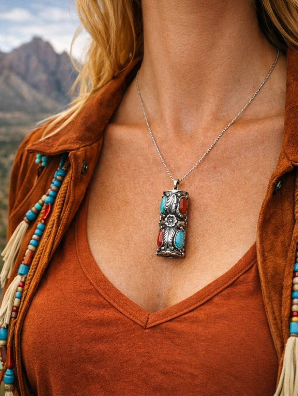 Vintage Southwestern Sterling Silver Turquoise Coral Pendant Necklace Handcrafte